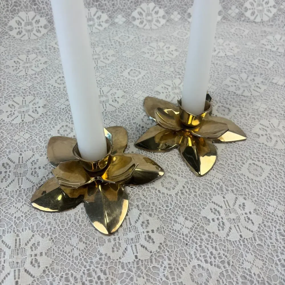 Vintage Brass Lotus Flower Taper Candle Holders Pair Made in India